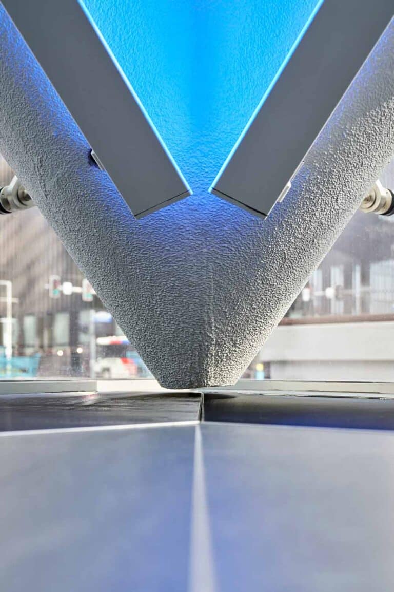 Closeup of lights on glass in JPMorgan Chase Tower in Houston
