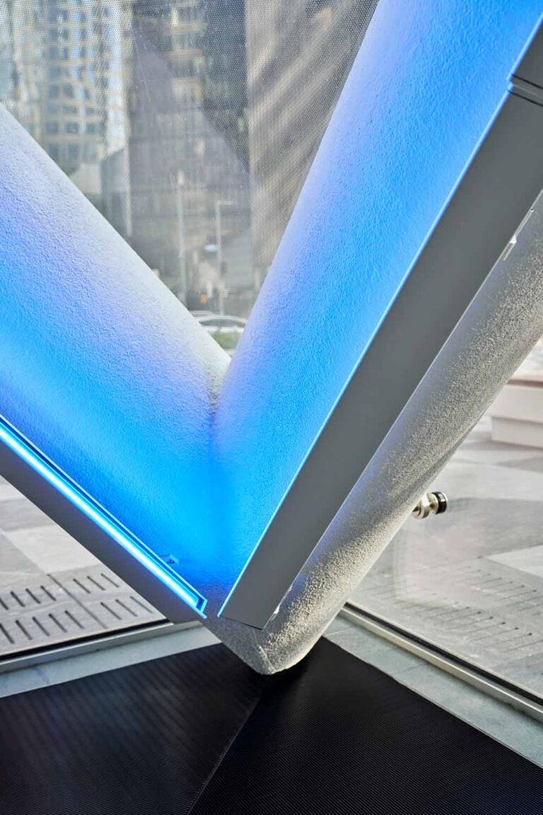 Closeup of lights on glass in JPMorgan Chase Tower in Houston